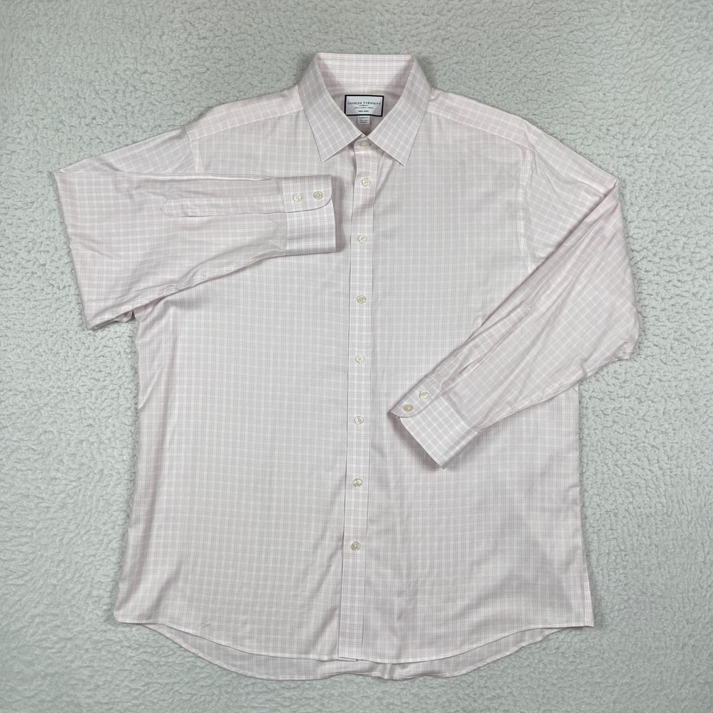 Charles Tyrwhitt Dress Shirt Mens 17.5 34 Pink White Check Non-Iron Classic Fit